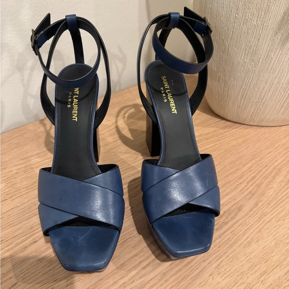 Saint Laurent Blue Leather Crisscross Block Heel Sandals - Picture 12 of 15